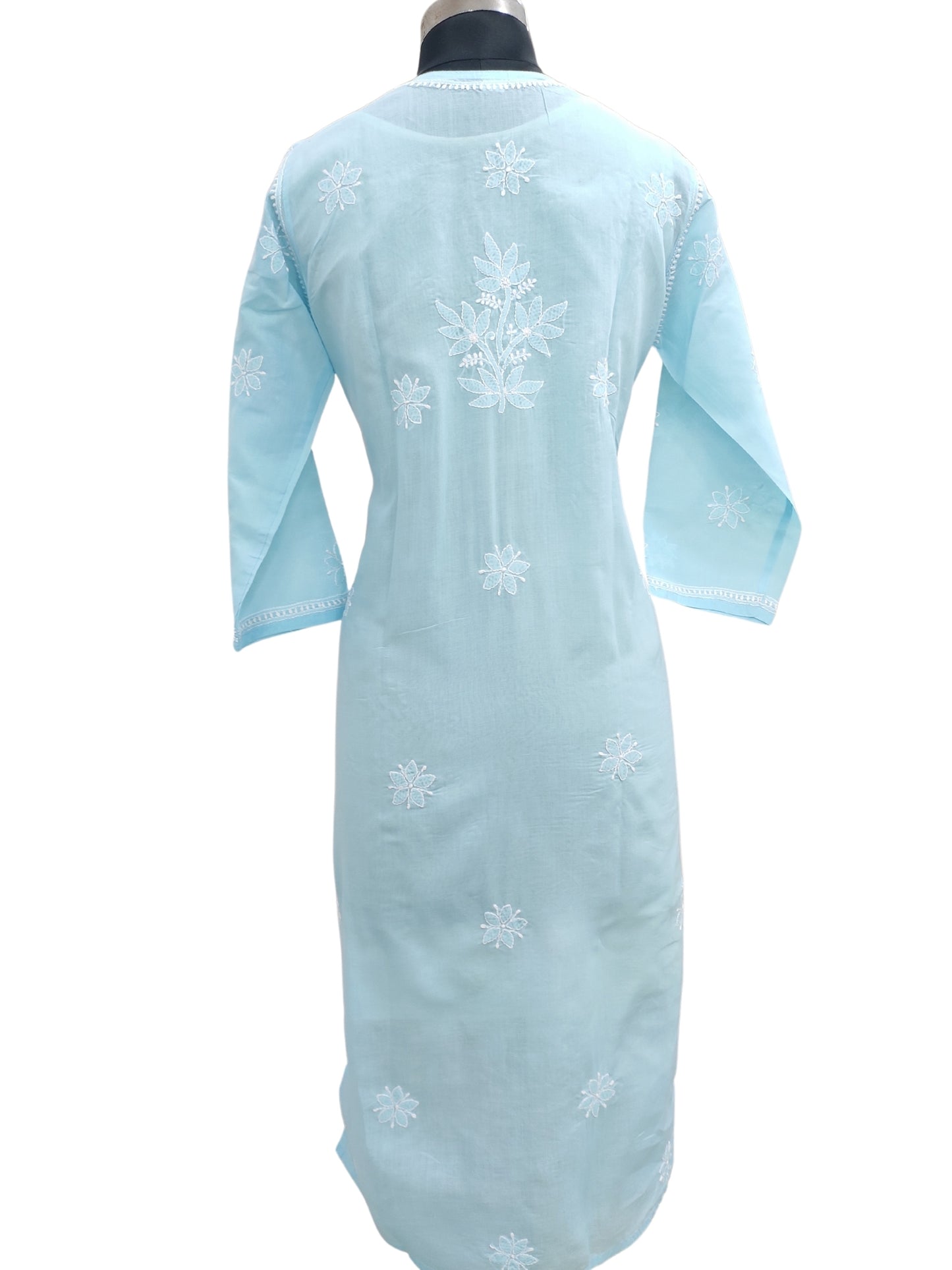 Shyamal Chikan Hand Embroidered Blue Cotton Lucknowi Chikankari Kurti With Jaali Work- S23535