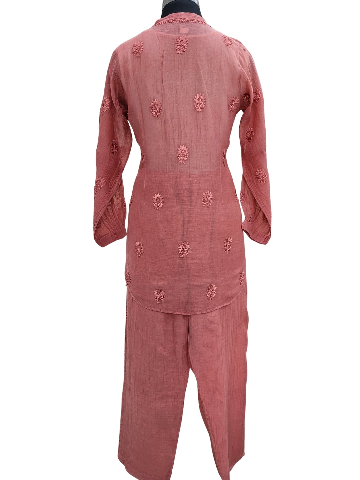 Shyamal Chikan Hand Embroidered Cherry Red Mul Chanderi Lucknowi Chikankari Shirt and Pant Set - S24244