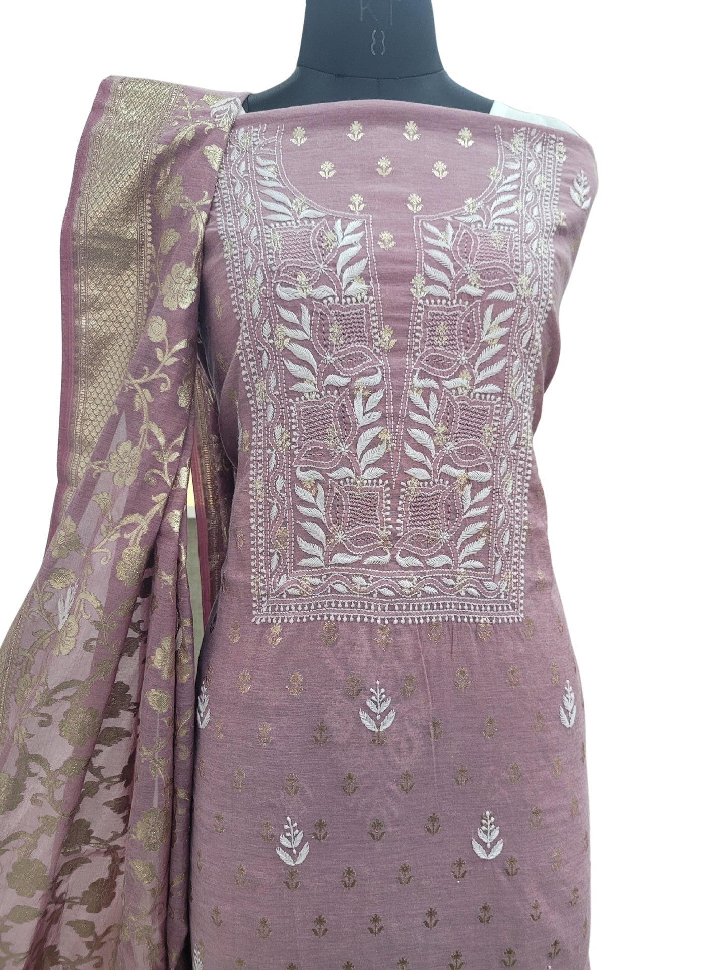 Shyamal Chikan Hand Embroidered Wine Chanderi Lucknowi Chikankari Unstitched Suit Piece ( Kurta Dupatta Set ) S25232