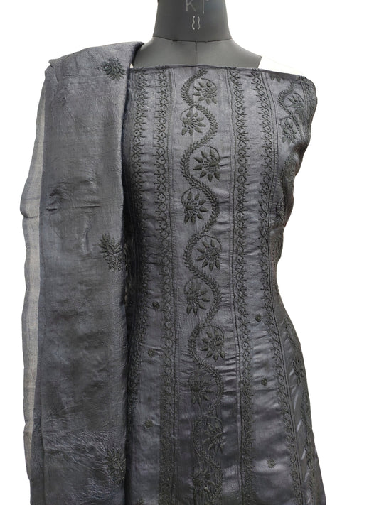 Shyamal Chikan Hand Embroidered Black Pure Tusser Silk Lucknowi Chikankari Semi-Stitched Anarkali - S22468