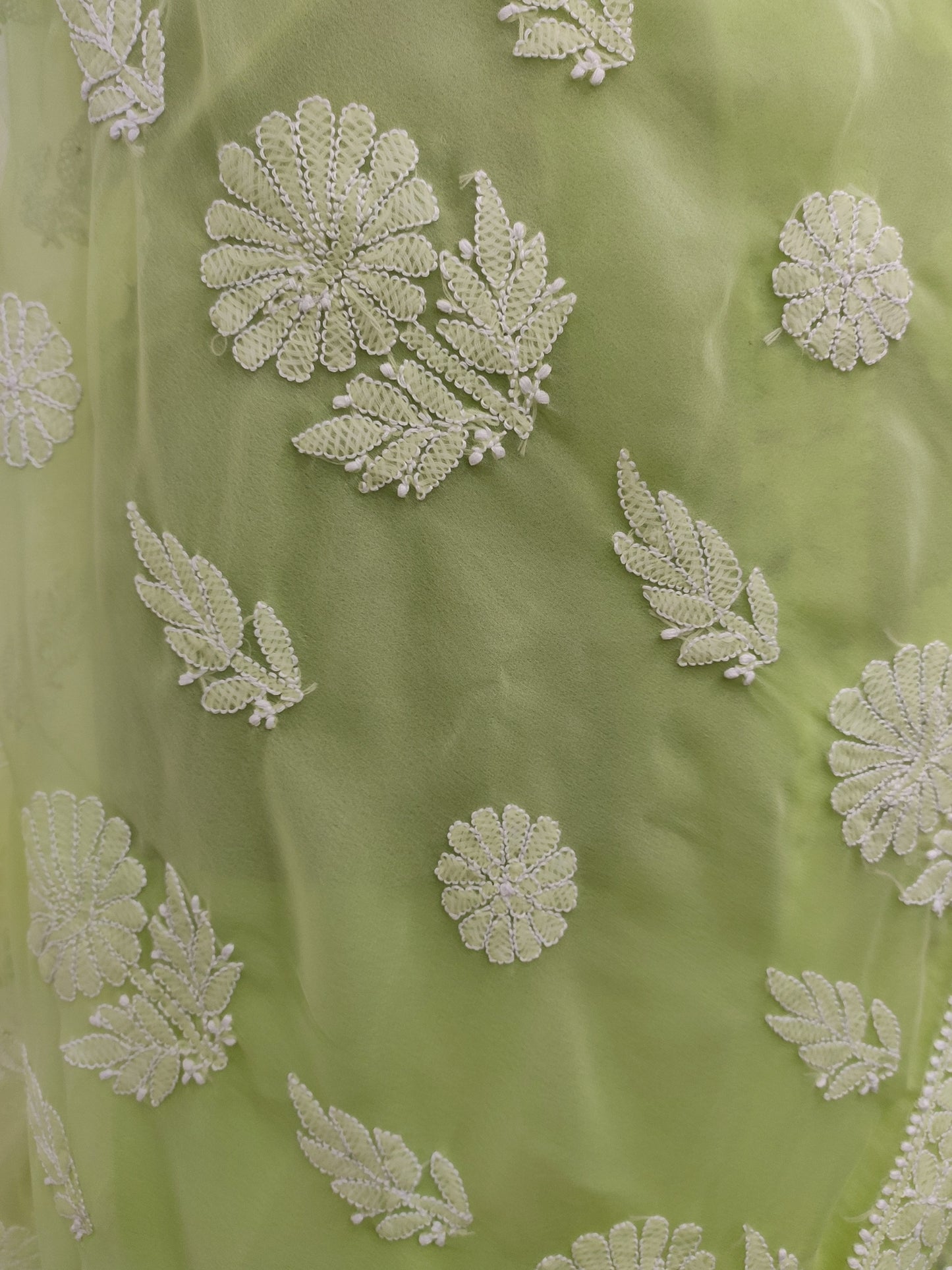 Shyamal Chikan Hand Embroidered Green Georgette Lucknowi Chikankari Saree With Blouse Piece - 23839