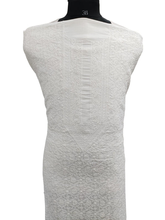 Shyamal Chikan Hand Embroidered White Malmal Cotton Lucknowi Chikankari Front Jaal Unstitched Men's Kurta Piece  – S20145