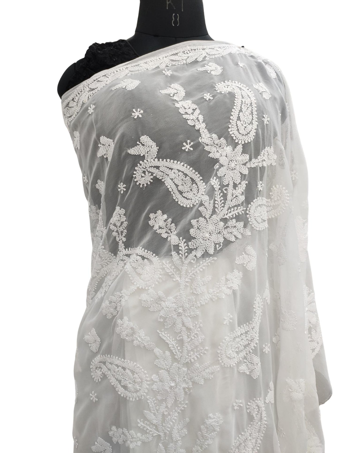 Shyamal Chikan Hand Embroidered White Georgette Lucknowi Chikankari Saree With Blouse Piece - S19789