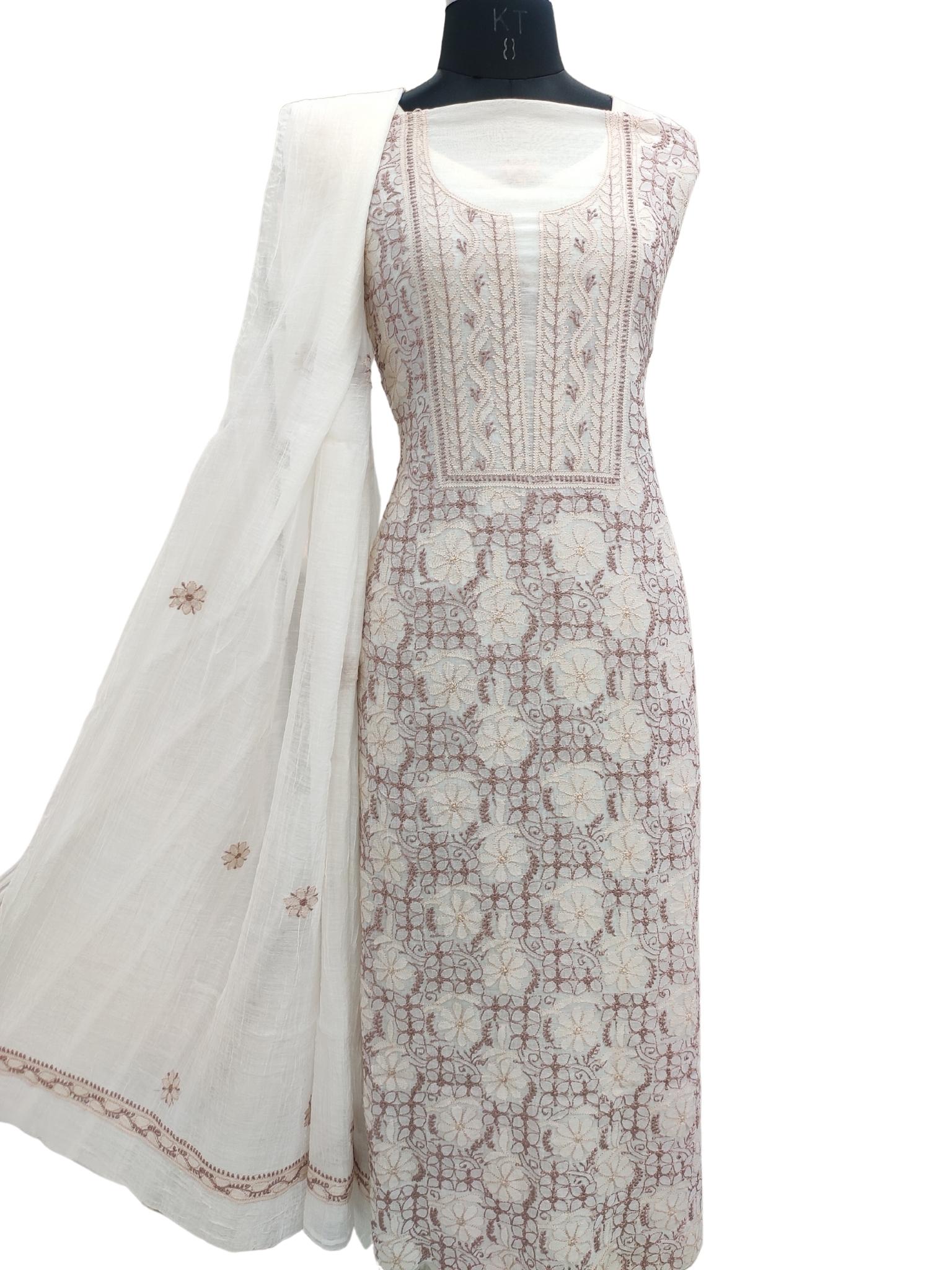 Shyamal Chikan Hand Embroidered White Mul Chanderi Lucknowi Chikankari Unstitched Suit Piece (Set of 2) - S20898
