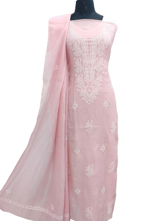 Shyamal Chikan Hand Embroidered Peach Mul Chanderi Lucknowi Chikankari Unstitched Suit Piece With Mukaish Work (Kurta Dupatta Set) - S21967