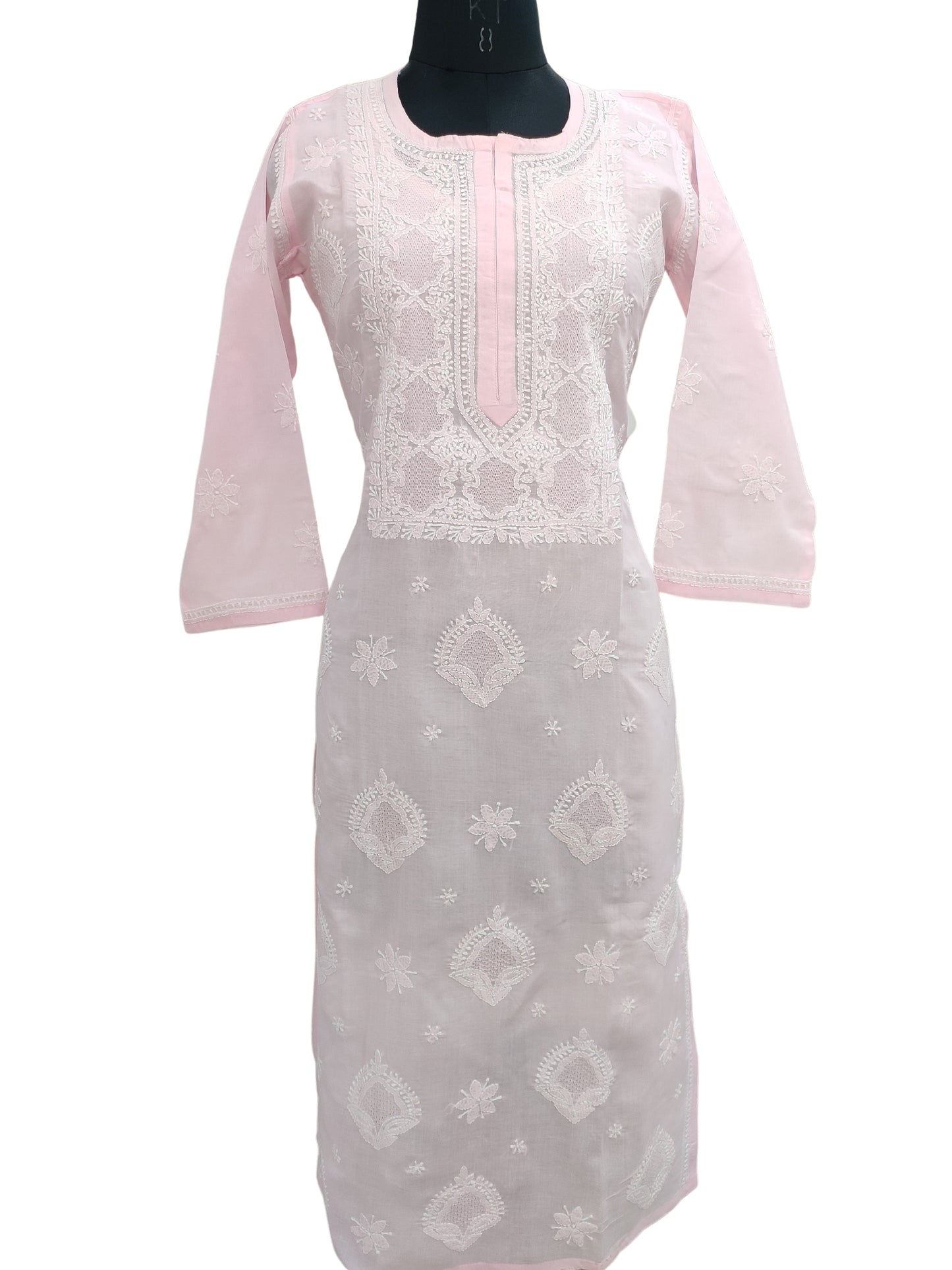 Shyamal Chikan Hand Embroidered Pink Cotton Lucknowi Chikankari Kurti With Jaali Work- S23537