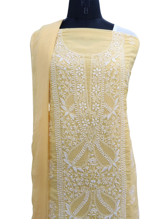 Shyamal Chikan Hand Embroidered Yellow Cotton Lucknowi Chikankari Unstitched Suit Piece With Jaali Work- S22216