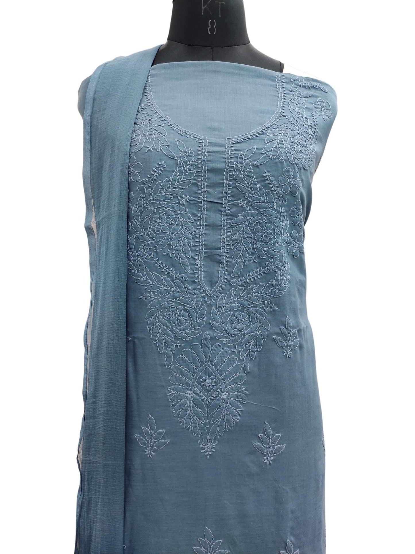 Shyamal Chikan Hand Embroidered Grey Cotton Lucknowi Chikankari Unstitched Suit Piece - S18514