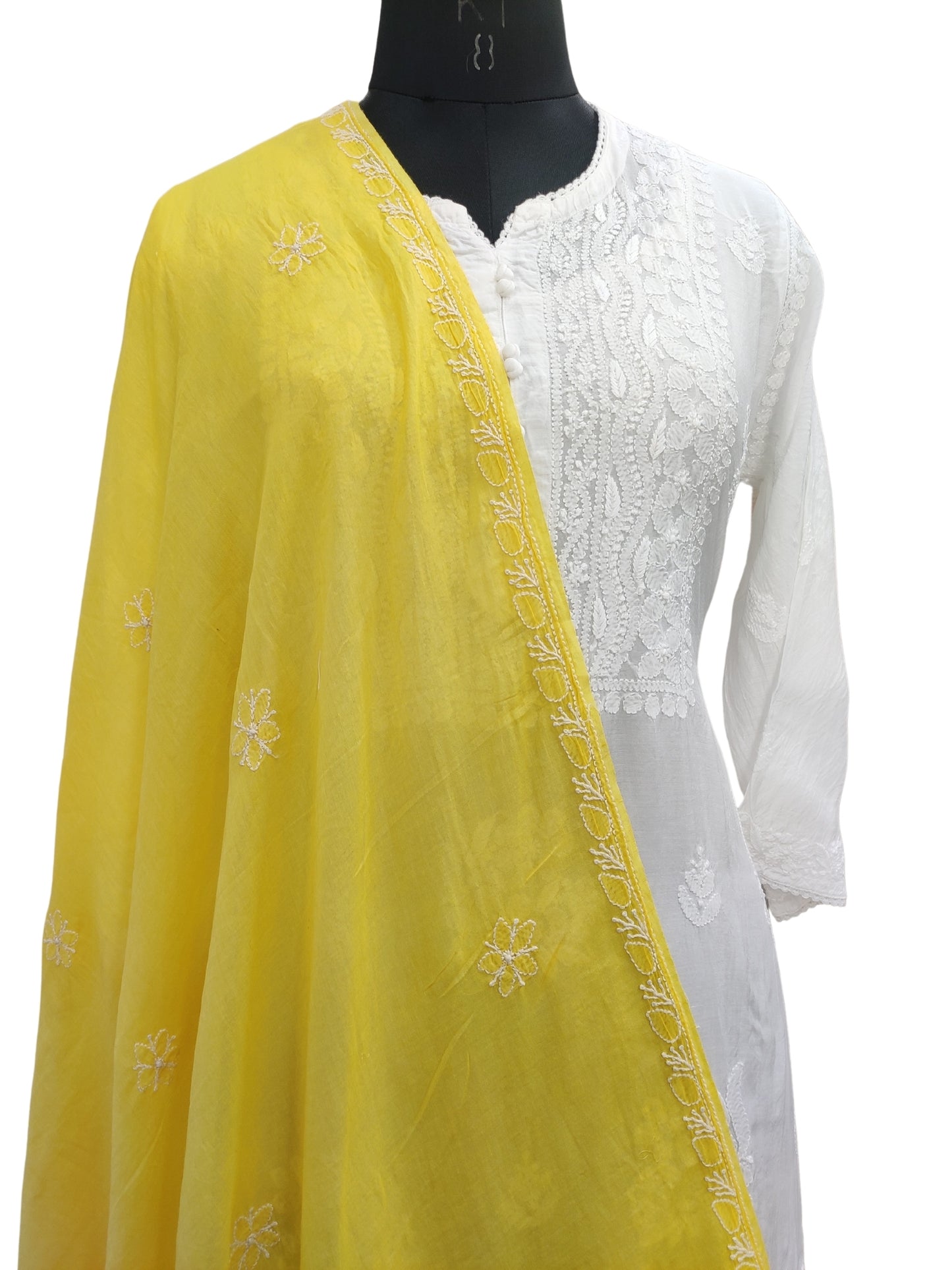 Shyamal Chikan Hand Embroidered Yellow Malmal Cotton Lucknowi Chikankari Dupatta - S23198