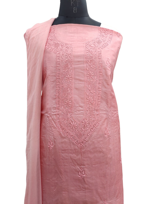 Shyamal Chikan Hand Embroidered Peach Pure Tusser Silk Lucknowi Chikankari Unstitched Suit Piece (Kurta Dupatta Set) - S24549