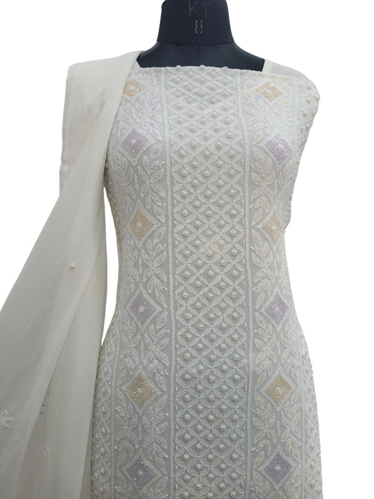 Shyamal Chikan Hand Embroidered White Viscose Georgette Lucknowi Chikankari Unstitched Suit Piece With Pearl and Cutdana Work ( Kurta  Dupatta Set) - S24999