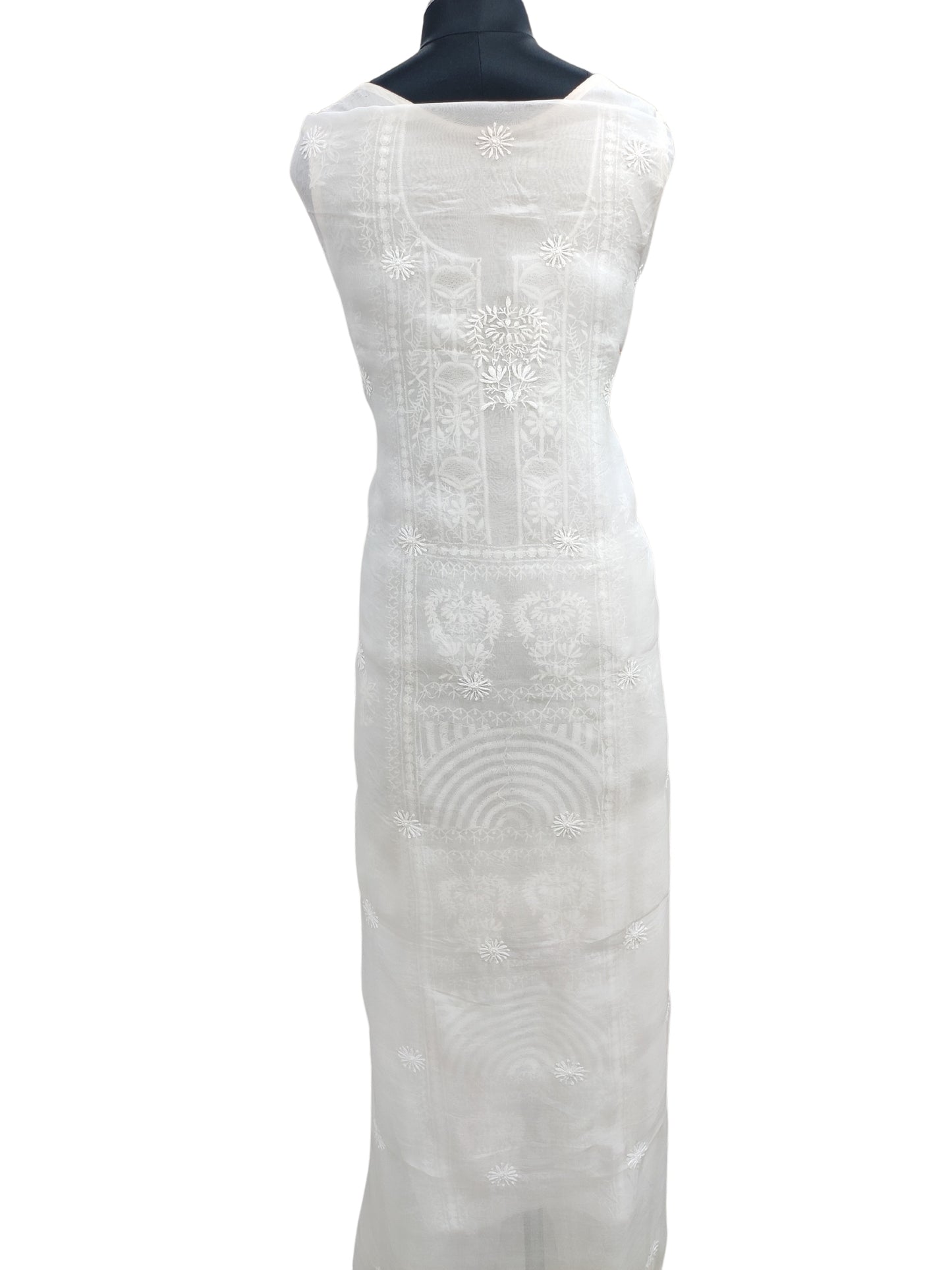 Shyamal Chikan Hand Embroidered White Organza Lucknowi Chikankari Unstitched Suit Piece (Kurta Dupatta Set)  - S24984