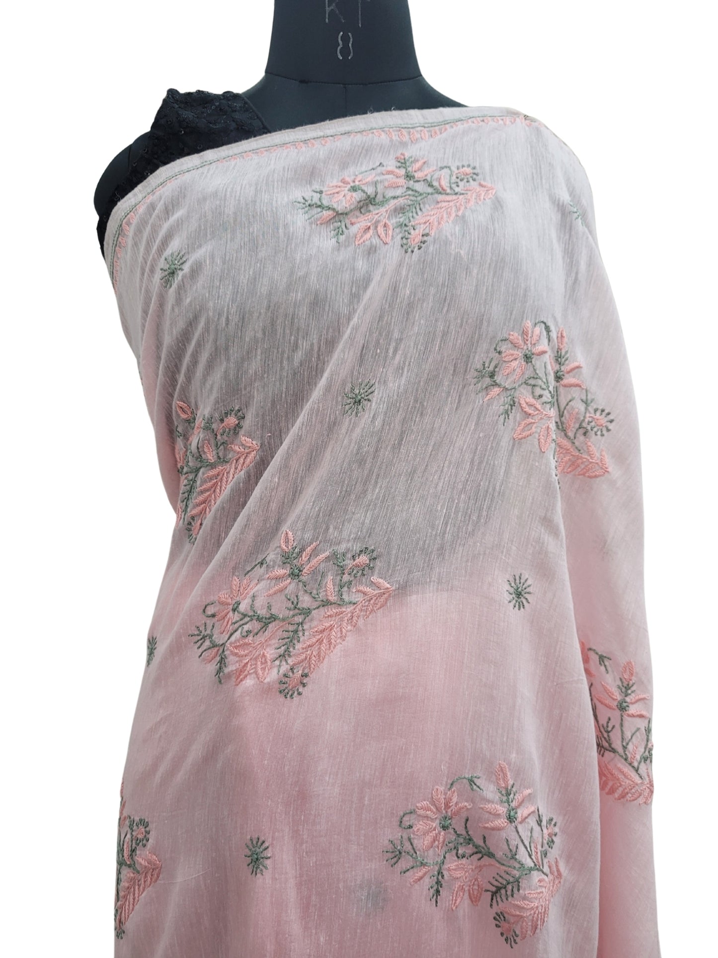 Shyamal Chikan Hand Embroidered Pink Pure Lenin Lucknowi Chikankari Saree With Blouse Piece- S24058