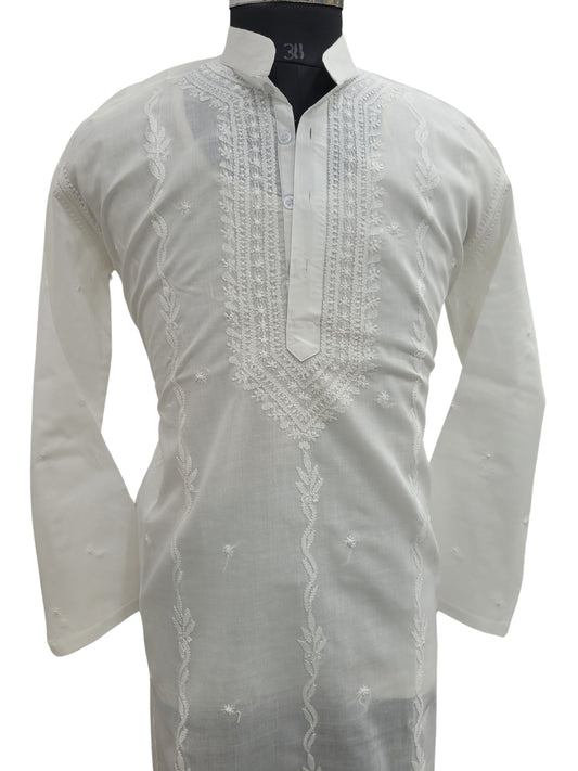 Shyamal Chikan Hand Embroidered White Cotton Lucknowi Chikankari Men's Kurta - S25173