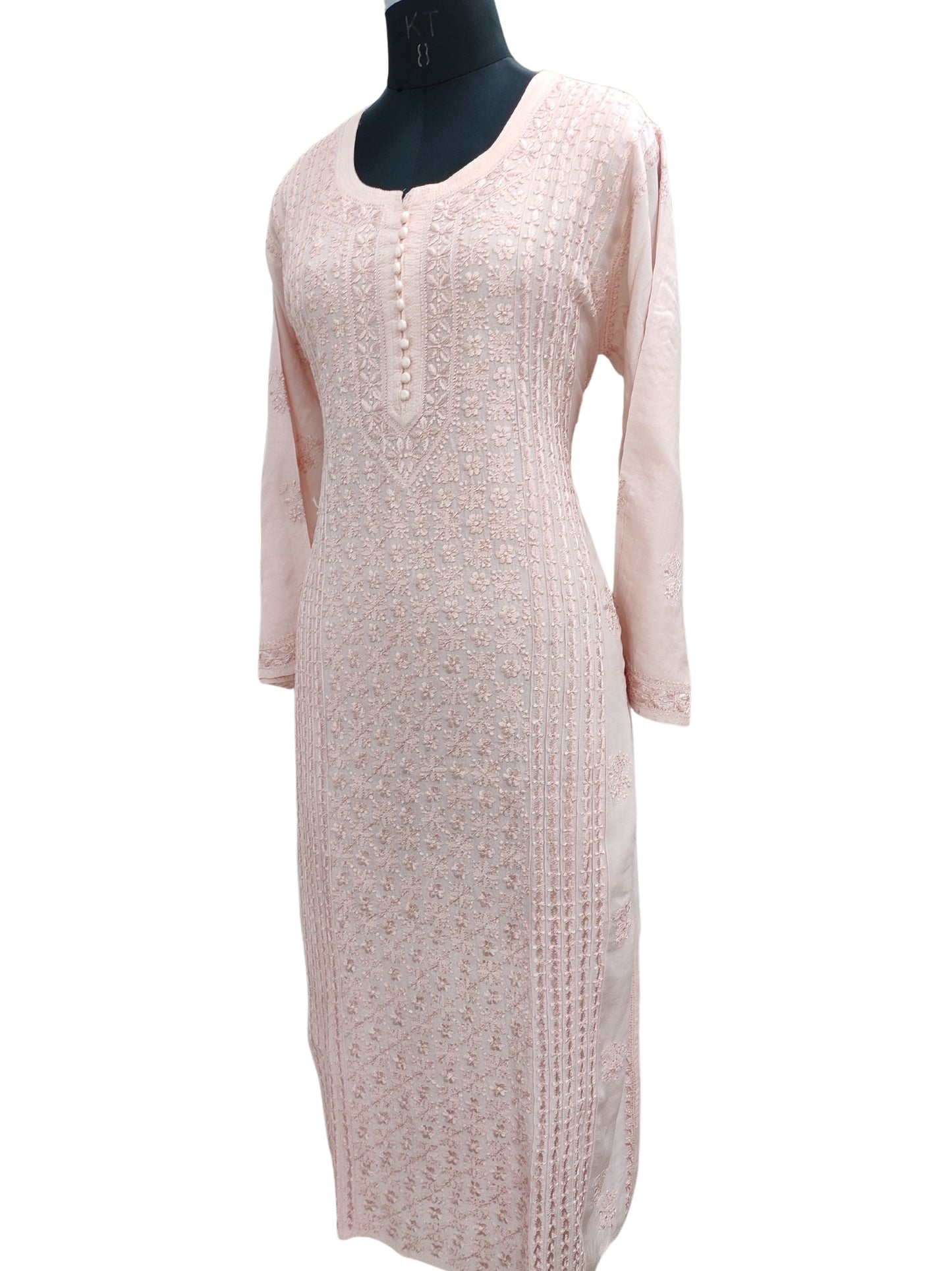 Shyamal Chikan Hand Embroidered Peach Muslin Lucknowi Chikankari Kurti - S24878