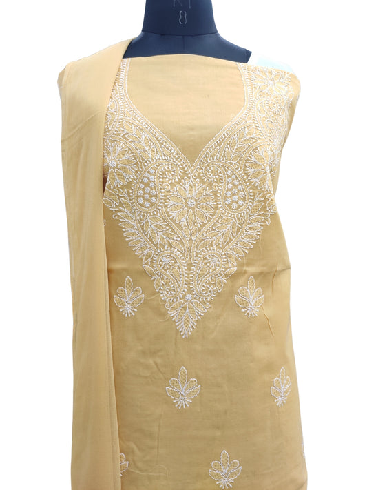 Shyamal Chikan Hand Embroidered Yellow Cotton Lucknowi Chikankari Unstitched Suit Piece - S24751