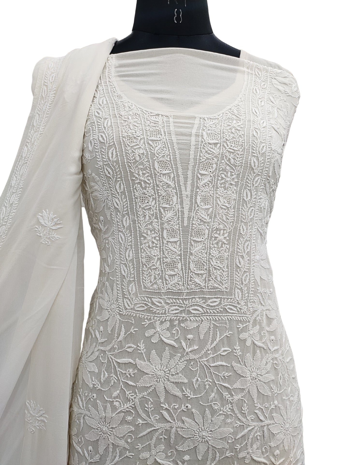 Shyamal Chikan Hand Embroidered White Pure Georgette Lucknowi Chikankari Unstitched Suit Piece  - S20739
