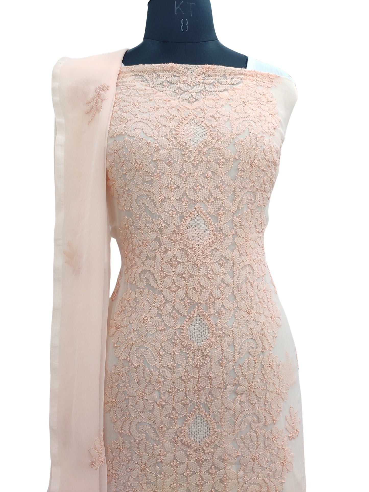 Shyamal Chikan Hand Embroidered Peach Georgette Lucknowi Chikankari Unstitched Suit Piece - 24031