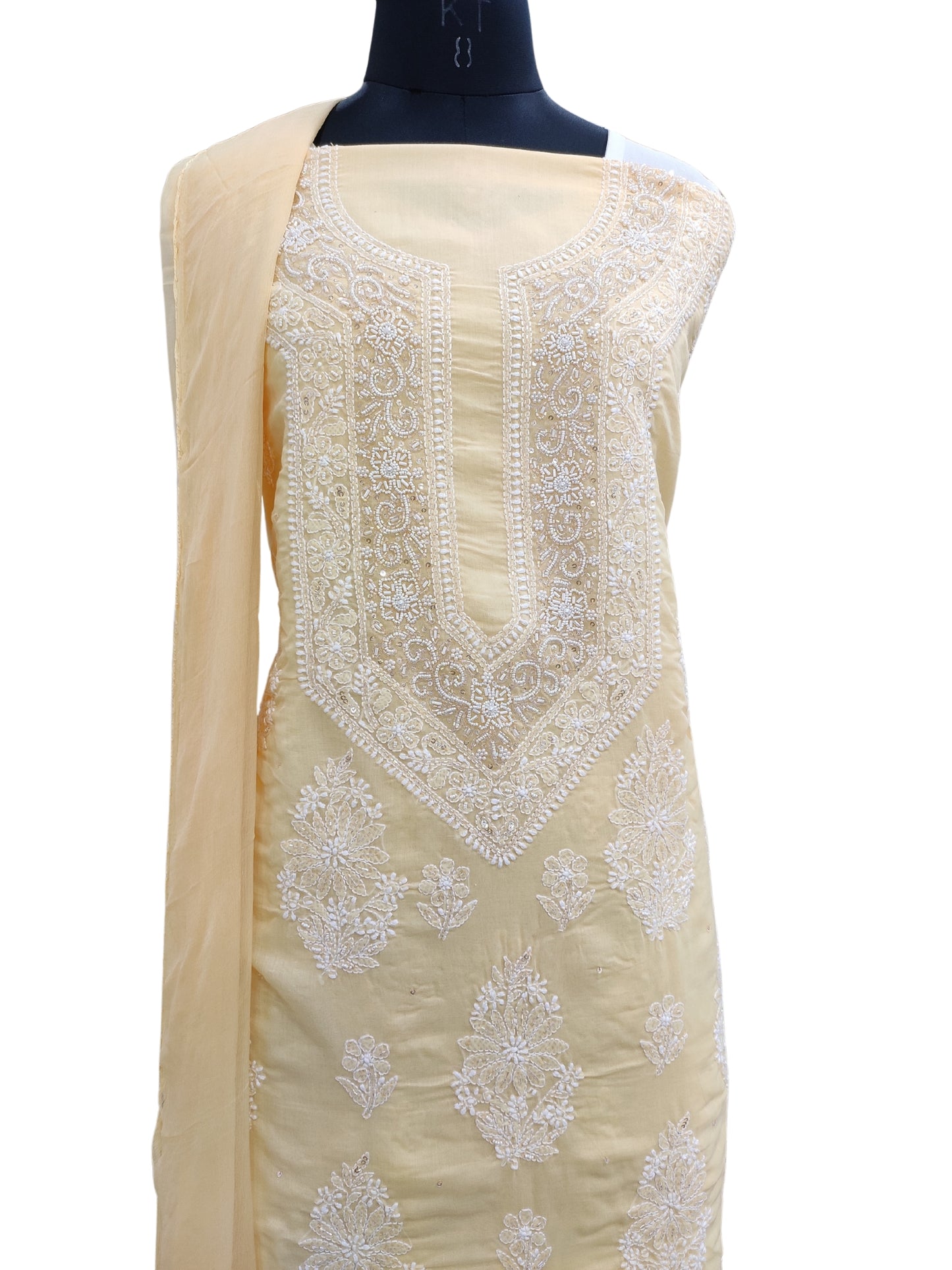 Shyamal Chikan Hand Embroidered Yellow Cotton Lucknowi Chikankari Unstitched Suit Piece With Pearl Sequin & Cutdana Work - S24585