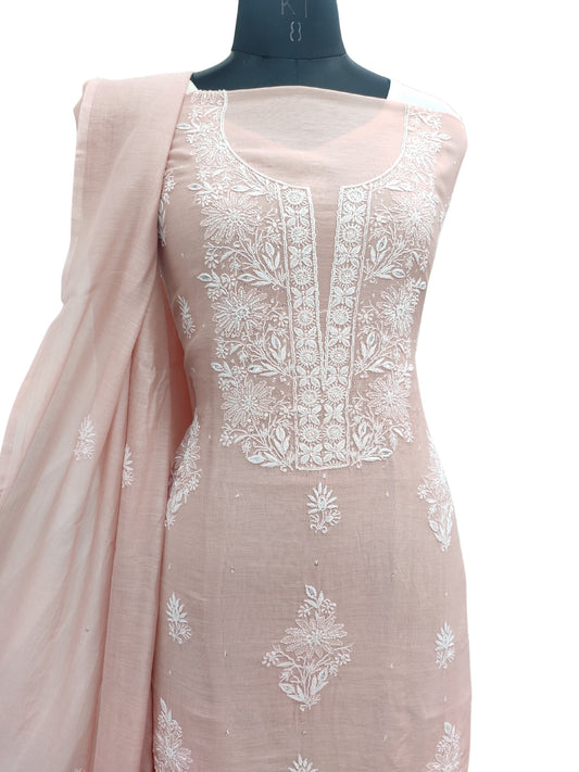 Shyamal Chikan Hand Embroidered Peach Mul Chanderi Lucknowi Chikankari Unstitched Suit Piece with Cutdana & Sequin Work (Kurta Dupatta Set) 23889