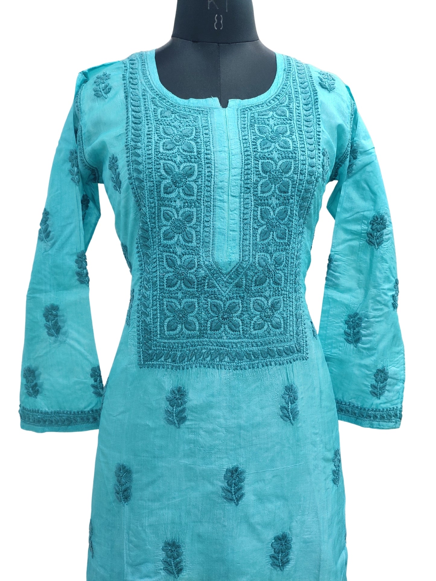 Shyamal Chikan Hand Embroidered Blue Pure Tusser Silk Lucknowi Chikankari Kurti- S24412