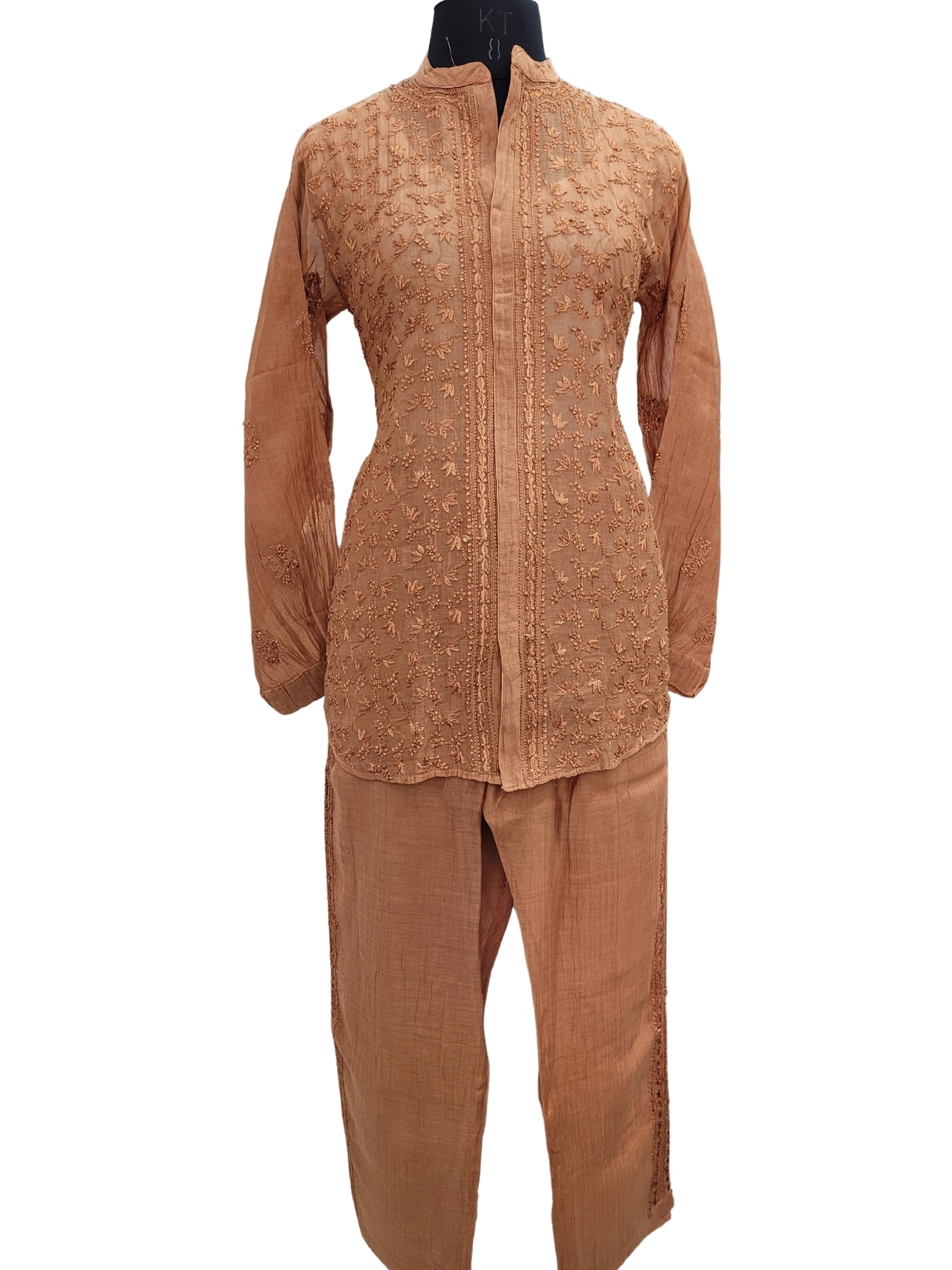 Shyamal Chikan Hand Embroidered Orange Mul Chanderi Lucknowi Chikankari Shirt and Pant Set - S24711