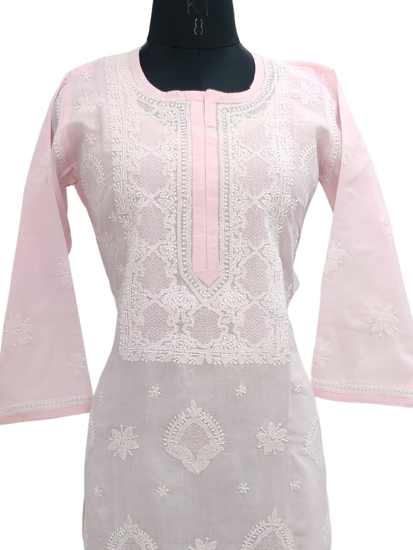 Shyamal Chikan Hand Embroidered Pink Cotton Lucknowi Chikankari Kurti With Jaali Work- S23537