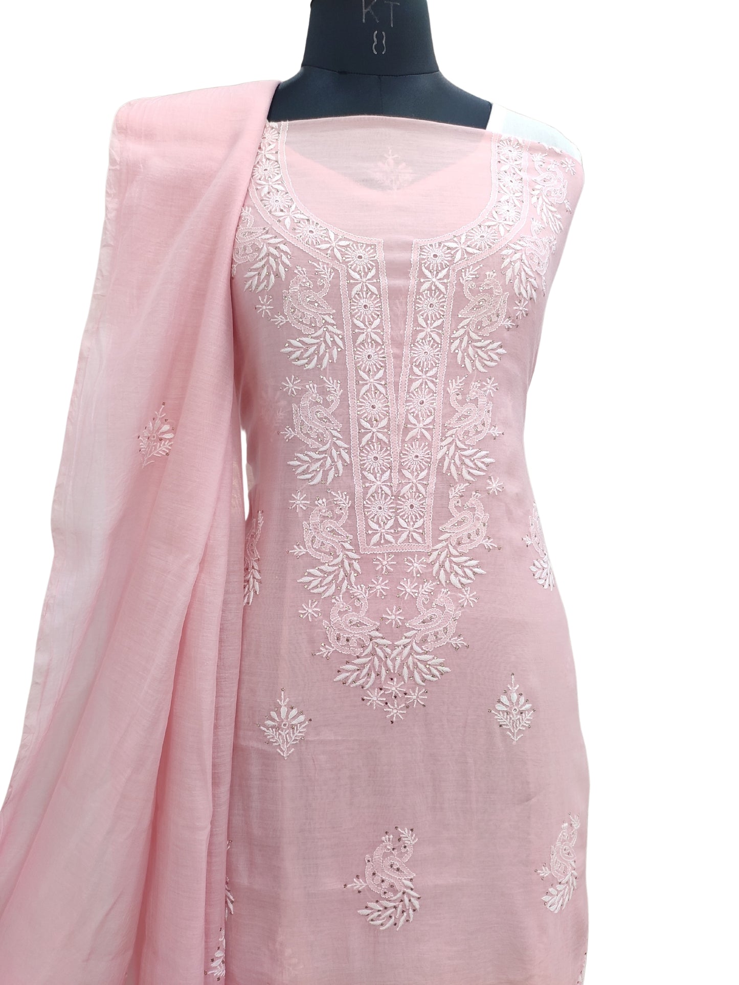 Shyamal Chikan Hand Embroidered Peach Mul Chanderi Lucknowi Chikankari Unstitched Suit Piece With Mukaish Work (Kurta Dupatta Set) - S21967