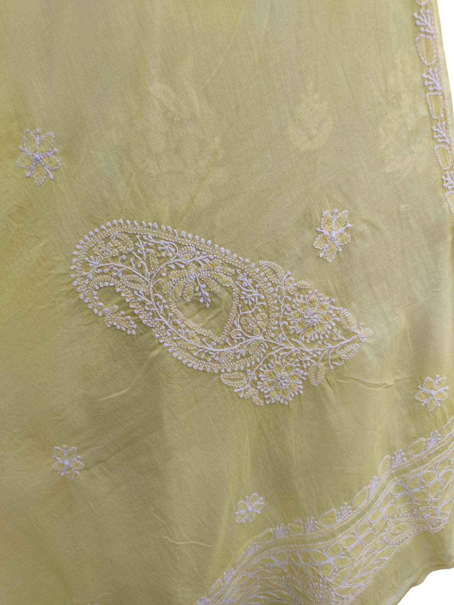 Shyamal Chikan Hand Embroidered Yellow Malmal Cotton Lucknowi Chikankari Dupatta - S23198