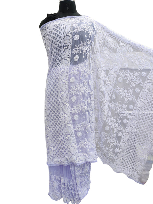 Shyamal Chikan Hand Embroidered Lavender Georgette Lucknowi Chikankari Shoulder Jaal Saree With Blouse Piece - S21934
