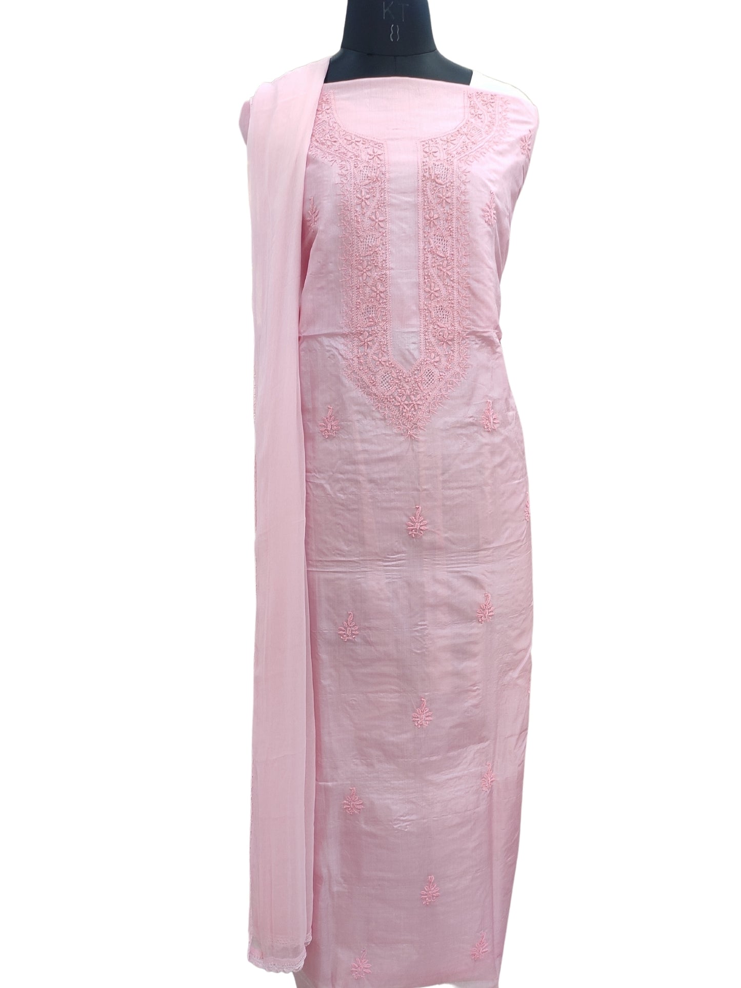 Shyamal Chikan Hand Embroidered Pink Pure Tusser Silk Lucknowi Chikankari Unstitched Suit Piece (Kurta Dupatta Set) - S24551