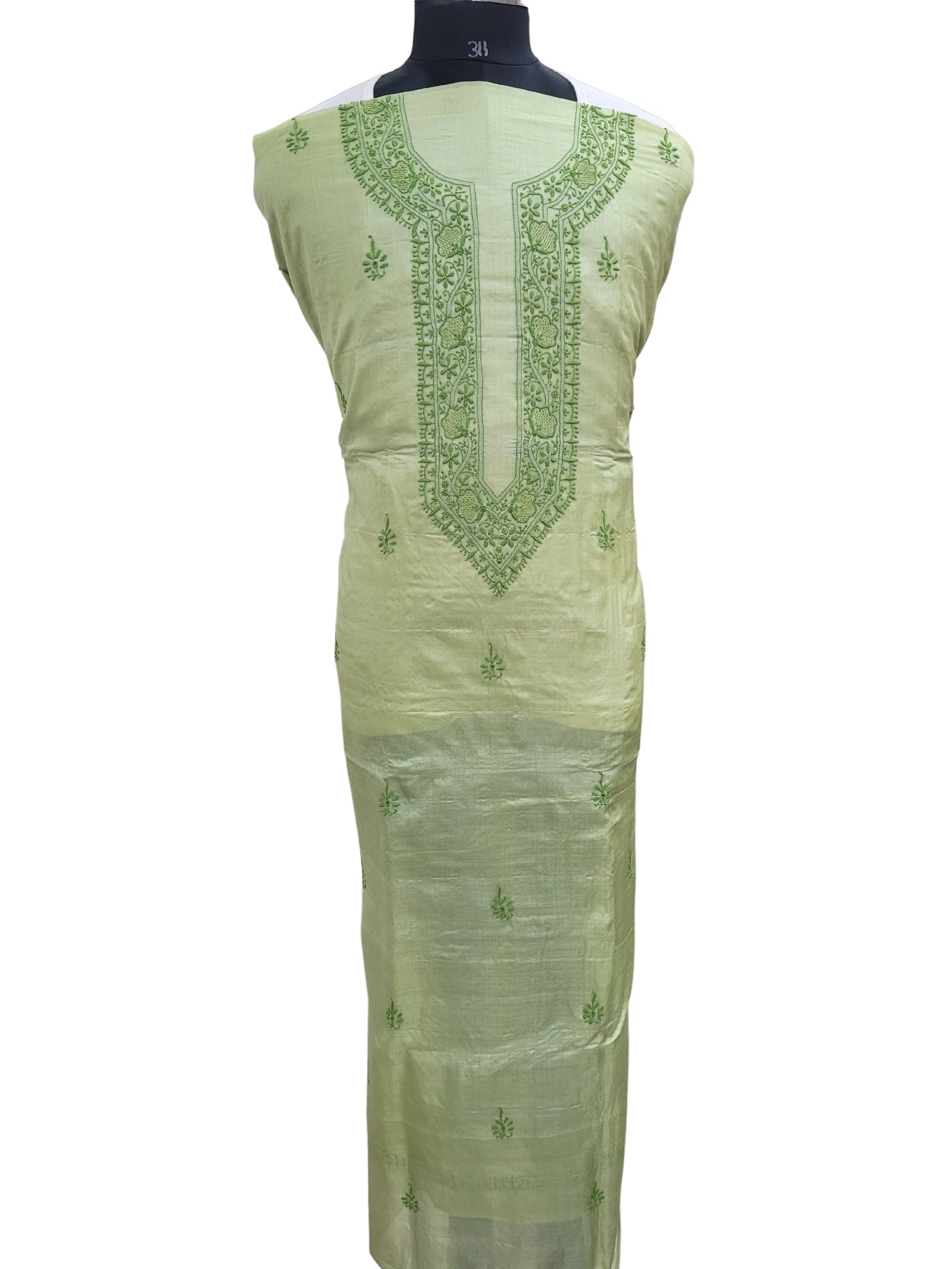 Shyamal Chikan Hand Embroidered Green Pure Tusser Silk Lucknowi Chikankari Unstitched Men's Kurta Piece – S24572