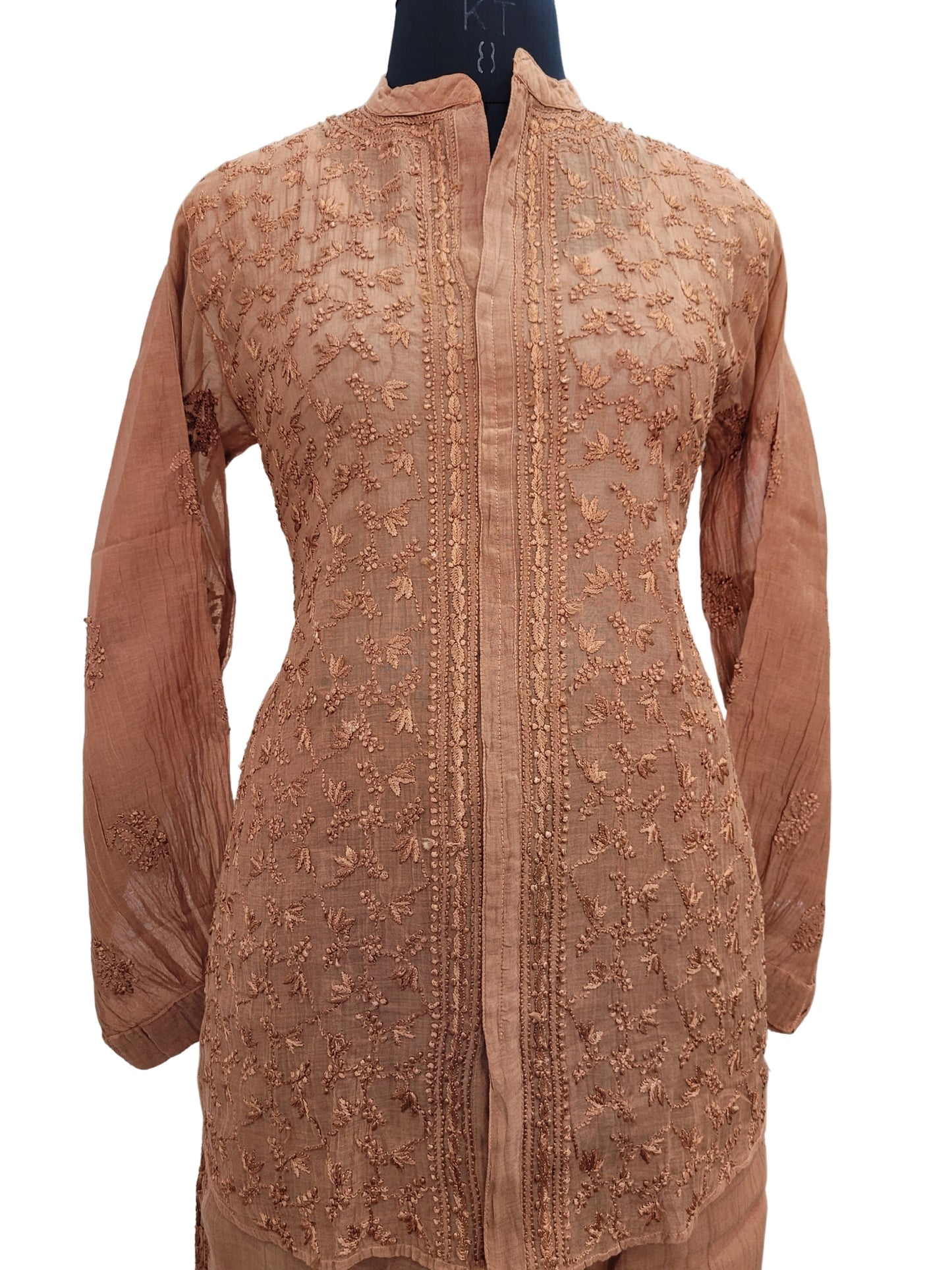 Shyamal Chikan Hand Embroidered Orange Mul Chanderi Lucknowi Chikankari Shirt and Pant Set - S24711