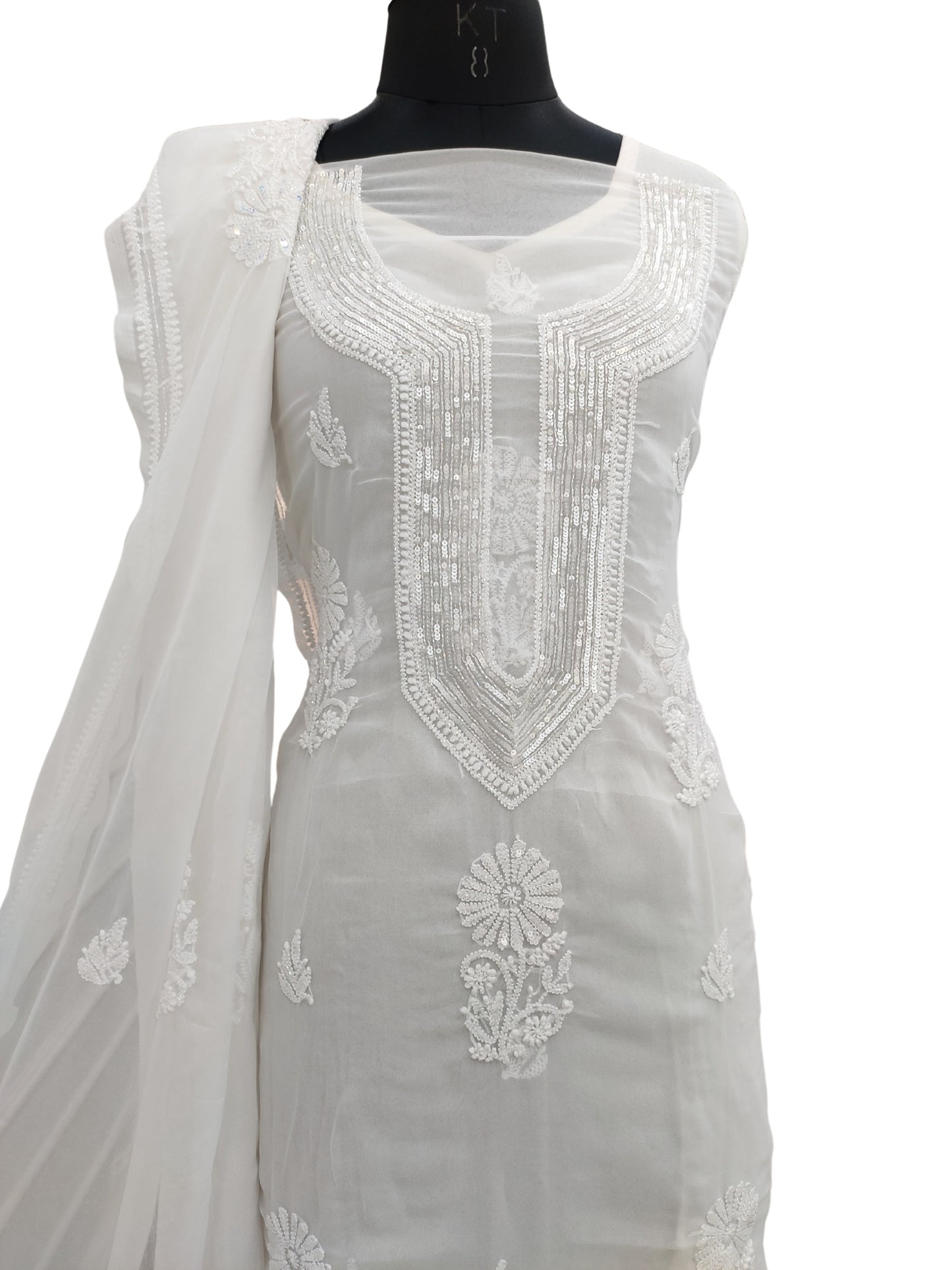 Shyamal Chikan Hand Embroidered White Georgette Lucknowi Chikankari Unstitched Suit Piece With Cutdana & Sequin Work - S24380