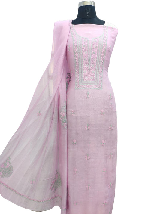 Shyamal Chikan Hand Embroidered Lavender Mulmul Chanderi Lucknowi Chikankari Unstitched Suit Piece ( Kurta Dupatta Set ) - S20923