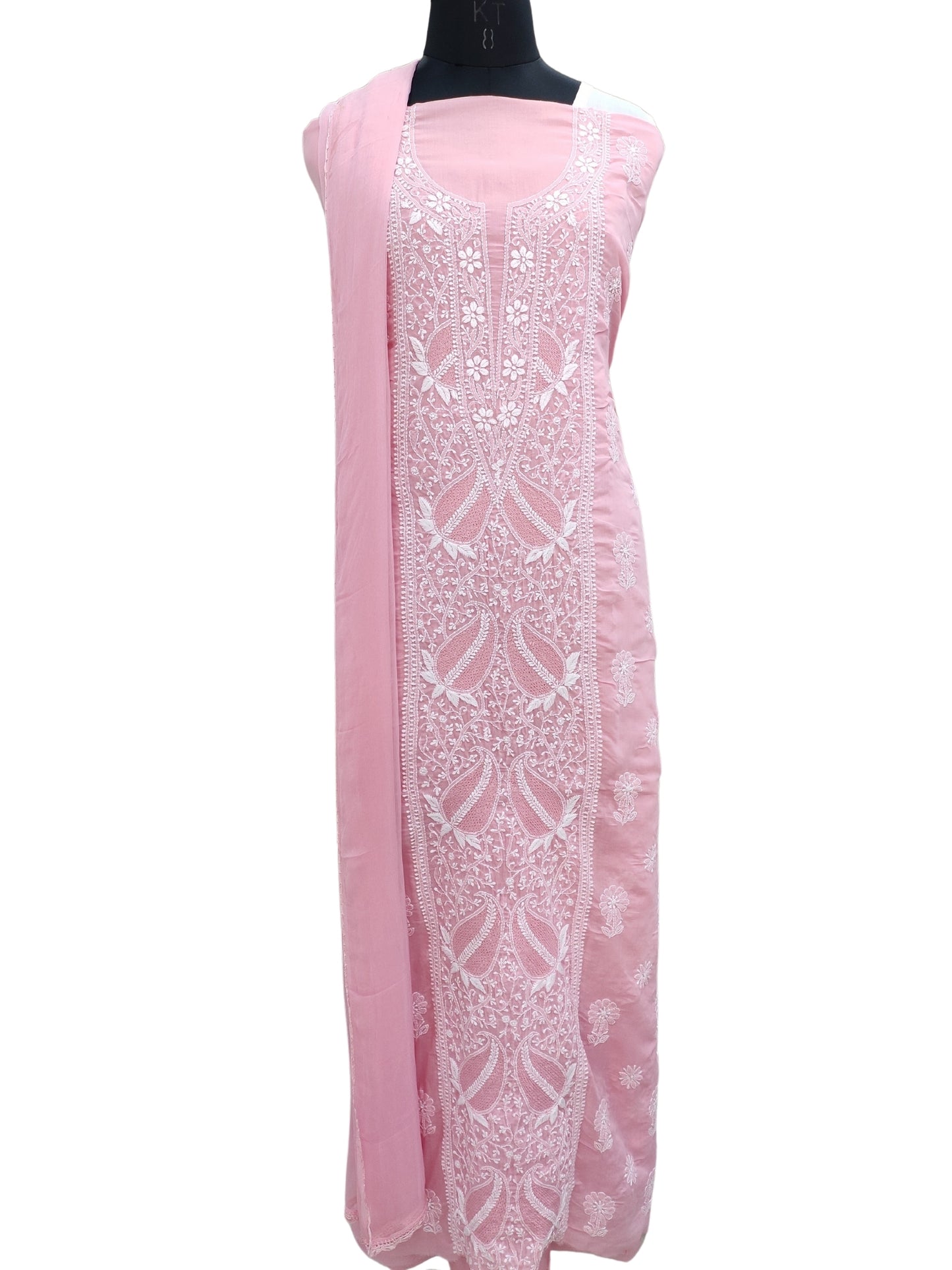 Shyamal Chikan Hand Embroidered Pink Cotton Lucknowi Chikankari Unstitched Suit Piece With Jaali Work- S22217