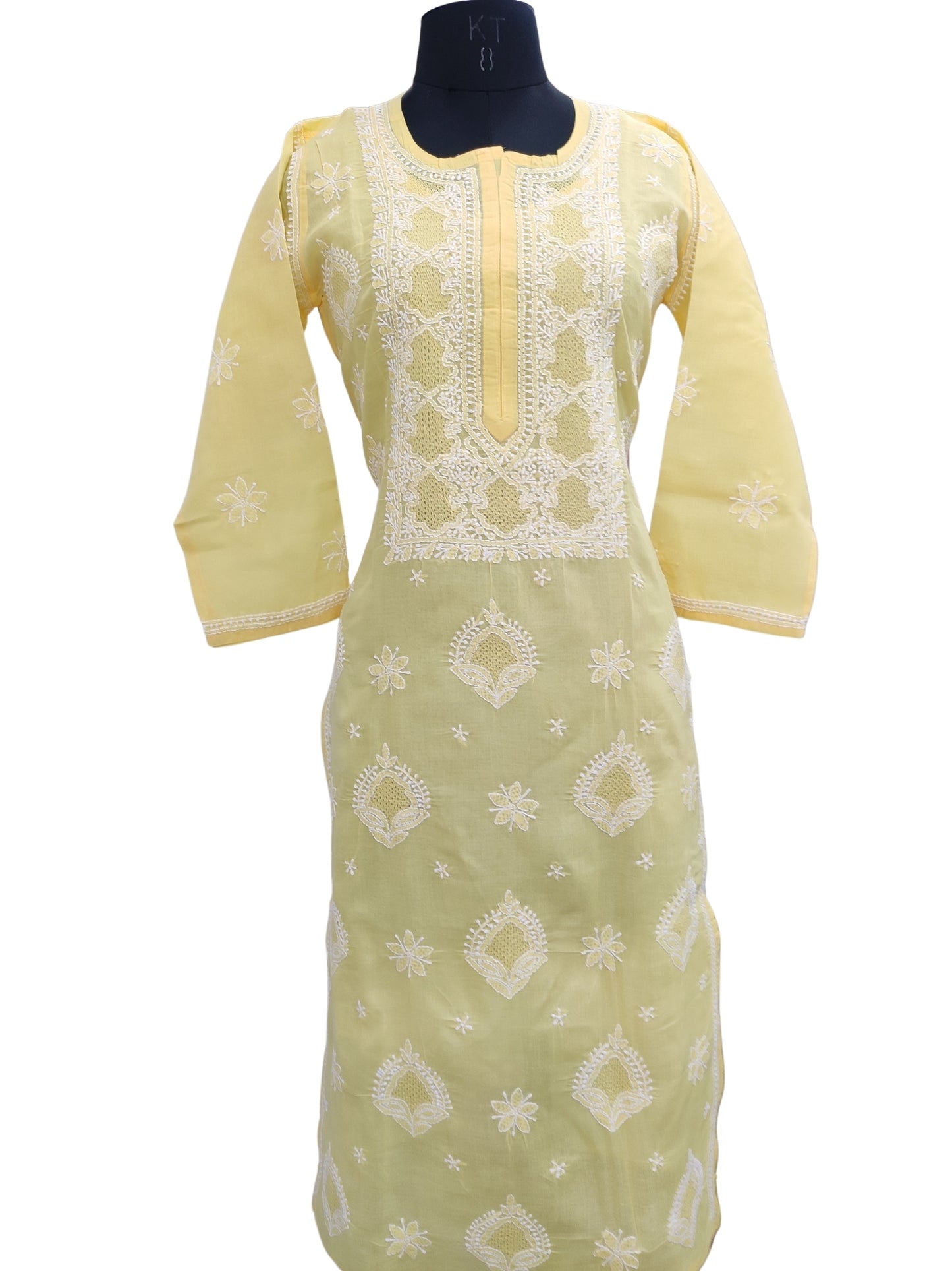 Shyamal Chikan Hand Embroidered Yellow Cotton Lucknowi Chikankari Kurti With Jaali Work- S23533