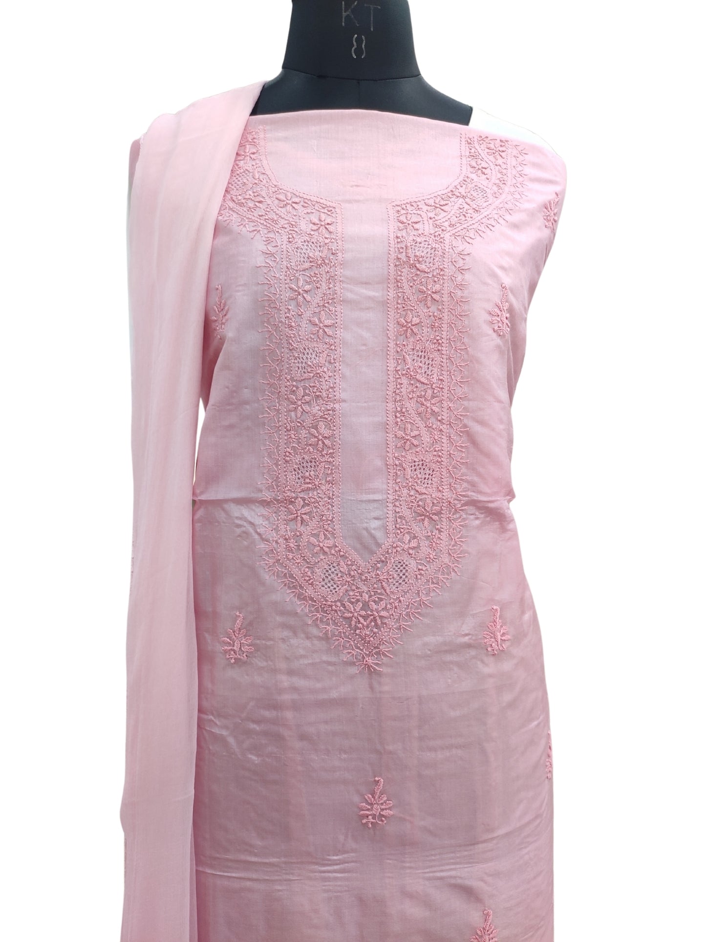 Shyamal Chikan Hand Embroidered Pink Pure Tusser Silk Lucknowi Chikankari Unstitched Suit Piece (Kurta Dupatta Set) - S24551