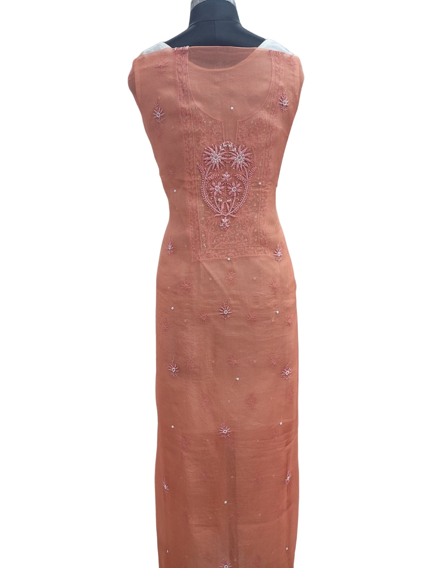 Shyamal Chikan Hand Embroidered Orange Organza Lucknowi Chikankari Unstitched Suit Piece (Kurta Dupatta Set) With Pearl and Cutdana Work - S21368