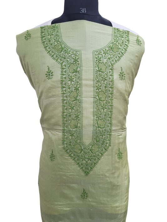 Shyamal Chikan Hand Embroidered Green Pure Tusser Silk Lucknowi Chikankari Unstitched Men's Kurta Piece – S24572