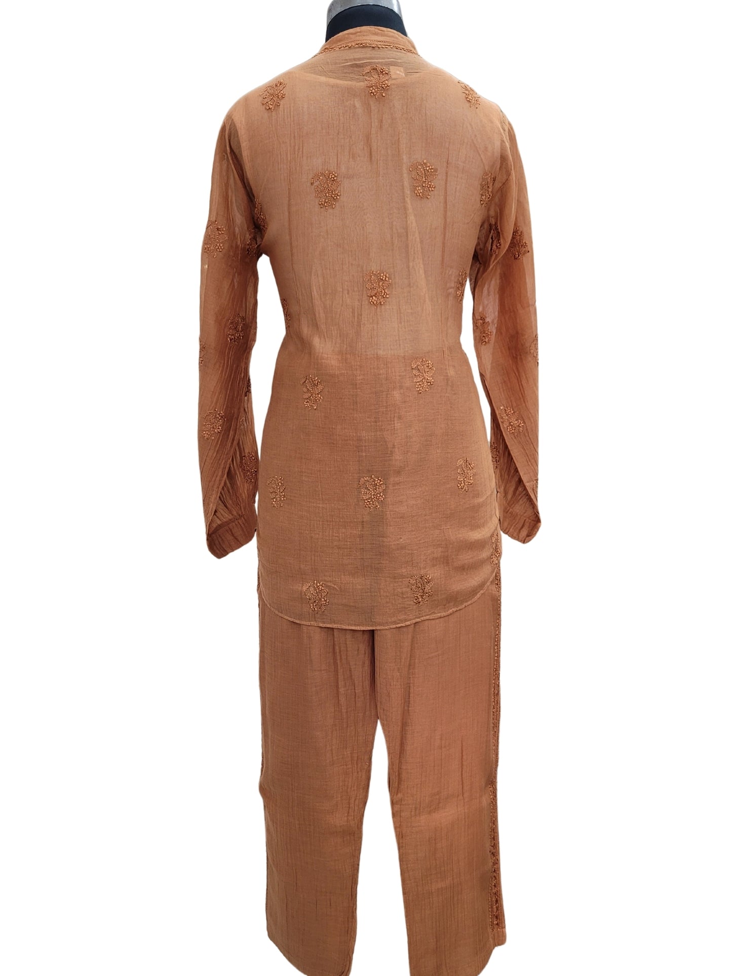 Shyamal Chikan Hand Embroidered Orange Mul Chanderi Lucknowi Chikankari Shirt and Pant Set - S24711