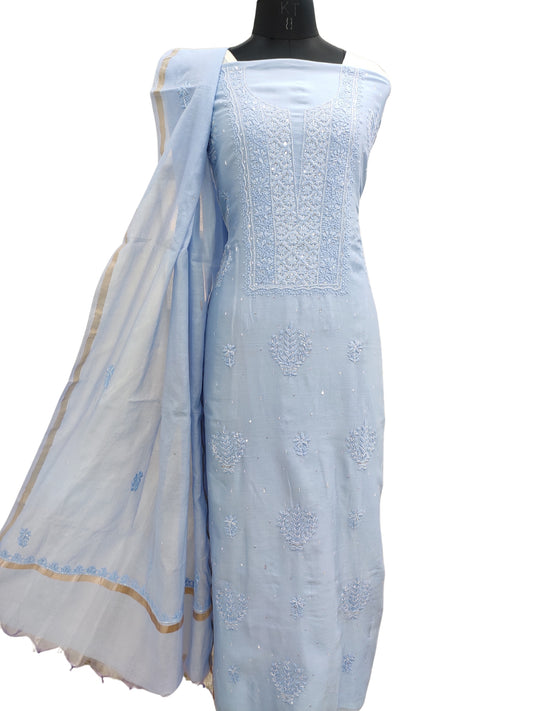 Shyamal Chikan Hand Embroidered Blue Chanderi Lucknowi Chikankari Unstitched Suit Piece with Pearl & Sequin Work (Kurta Dupatta Set) - S22358