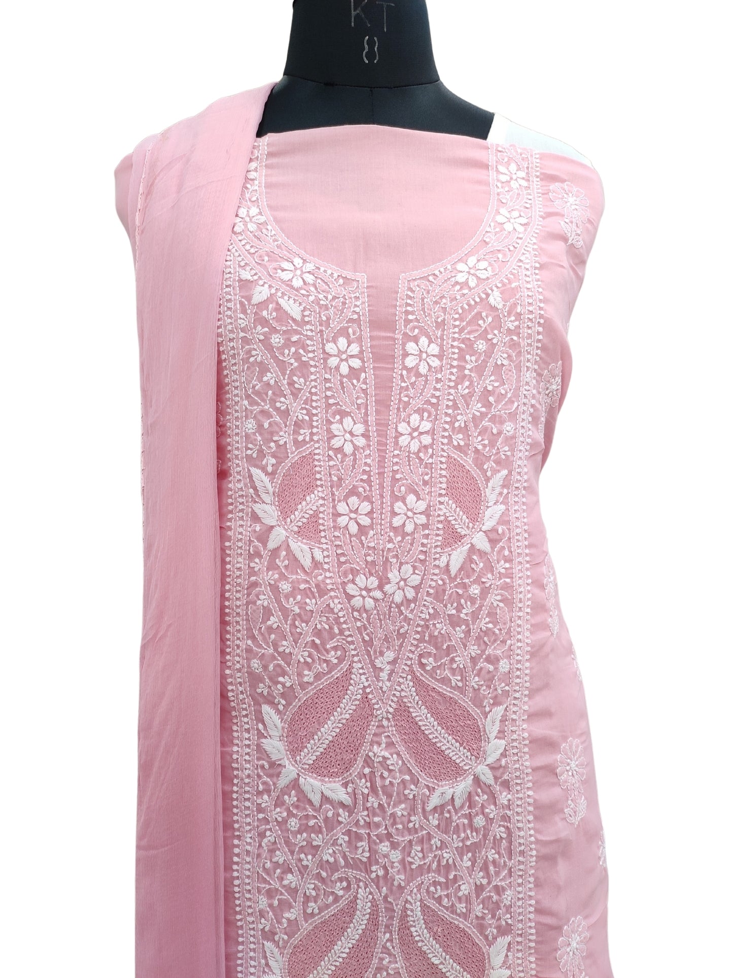 Shyamal Chikan Hand Embroidered Pink Cotton Lucknowi Chikankari Unstitched Suit Piece With Jaali Work- S22217