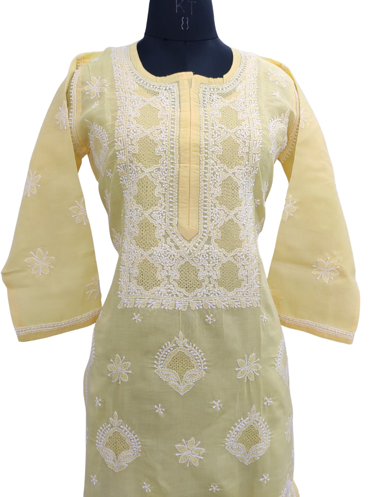 Shyamal Chikan Hand Embroidered Yellow Cotton Lucknowi Chikankari Kurti With Jaali Work- S23533