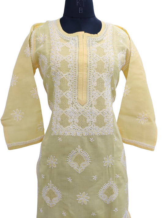 Shyamal Chikan Hand Embroidered Yellow Cotton Lucknowi Chikankari Kurti With Jaali Work- S23533