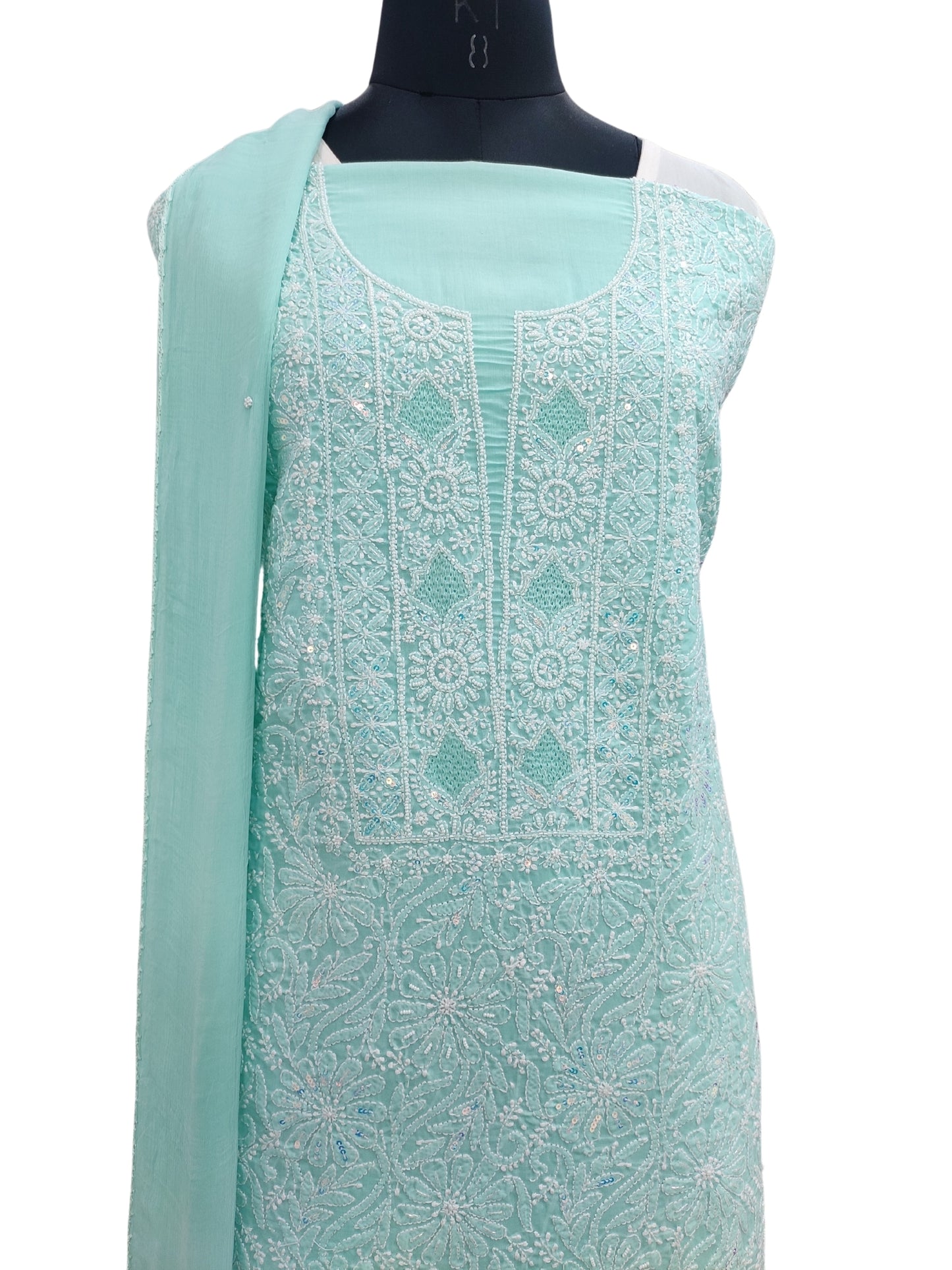 Shyamal Chikan Hand Embroidered Sea Green Cotton Lucknowi Chikankari Unstitched Suit Piece With Pearl Sequin & Cutdana Work - S24327