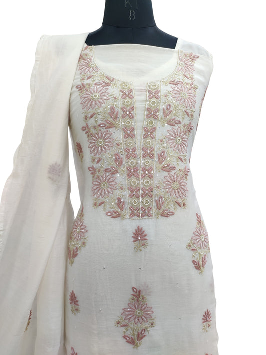 Shyamal Chikan Hand Embroidered White Mul Chanderi Lucknowi Chikankari Unstitched Suit Piece with Cutdana & Sequin Work (Kurta Dupatta Set) - S23751