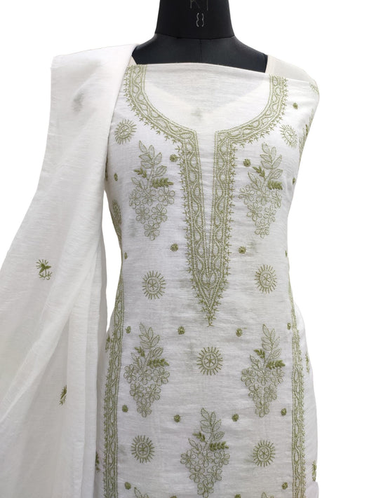 Shyamal Chikan Hand Embroidered White Pure Lenin Lucknowi Chikankari Unstitched Suit Piece (Kurta  Dupatta Set )- S21015