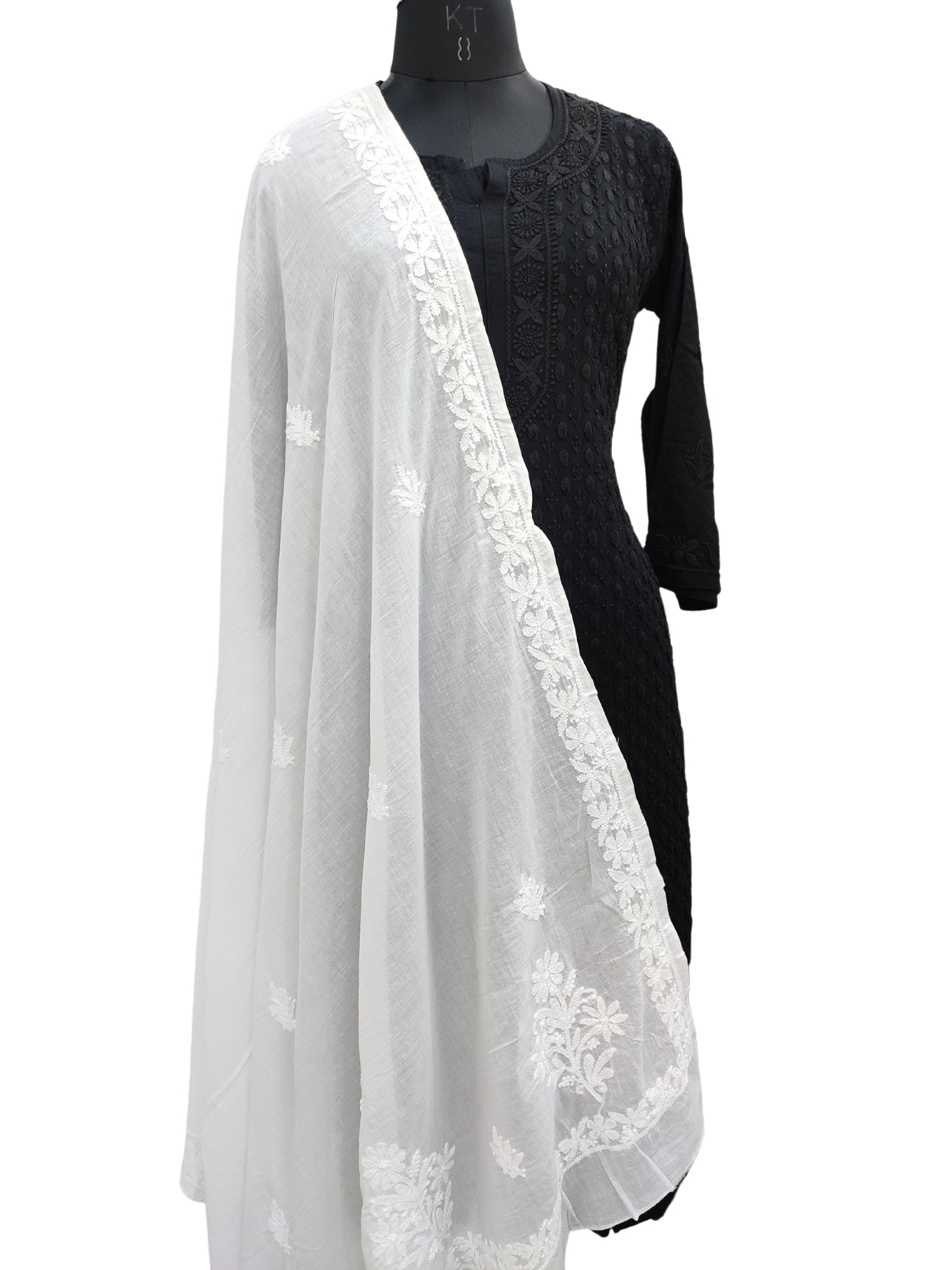 Shyamal Chikan Hand Embroidered White Malmal Cotton Lucknowi Chikankari Dupatta - S24494