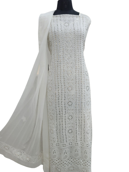 Shyamal Chikan Hand Embroidered White Viscose Georgette Lucknowi Chikankari Unstitched Suit Piece With Mukaish Work  ( Kurta Dupatta Set) -S24994